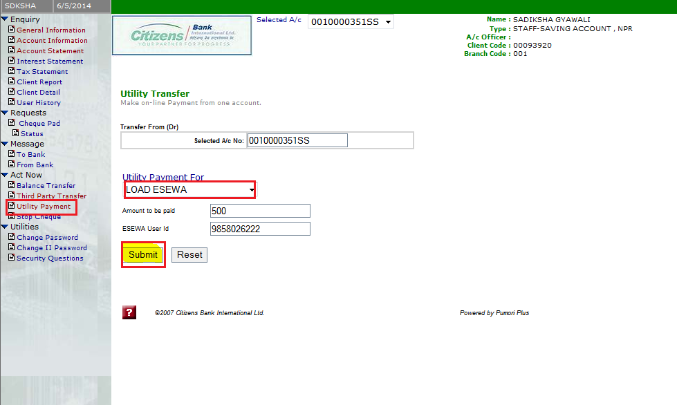 Load fund from Citizen bank - eSewa