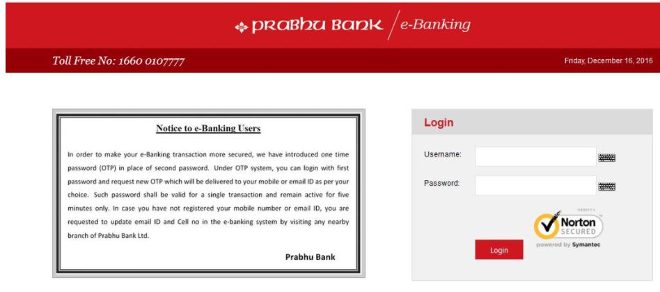 Prabhu Bank Internet Banking Login Portal