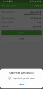 eSewa mobile application Scan and Pay transaction confirmation page