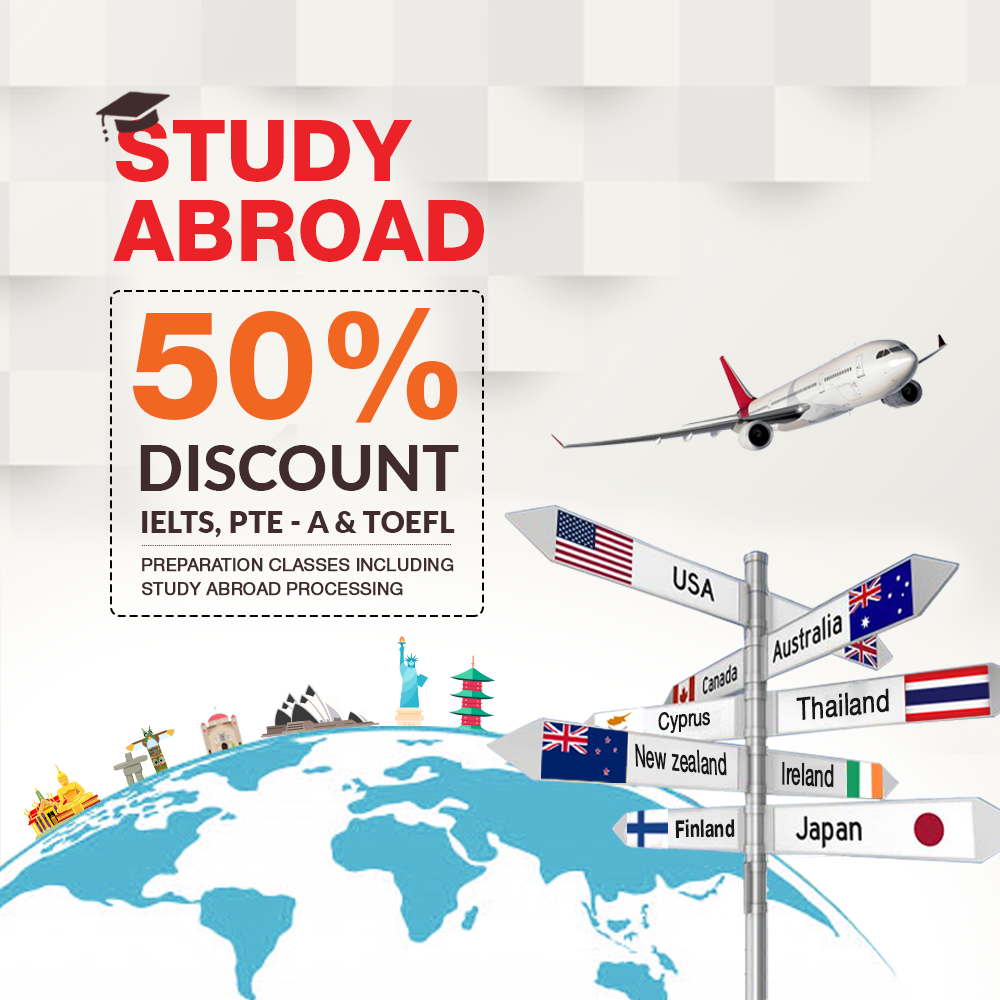 Alpha Beta offers study abroad 50% discount on IELTS, PTE-A and TOFEL