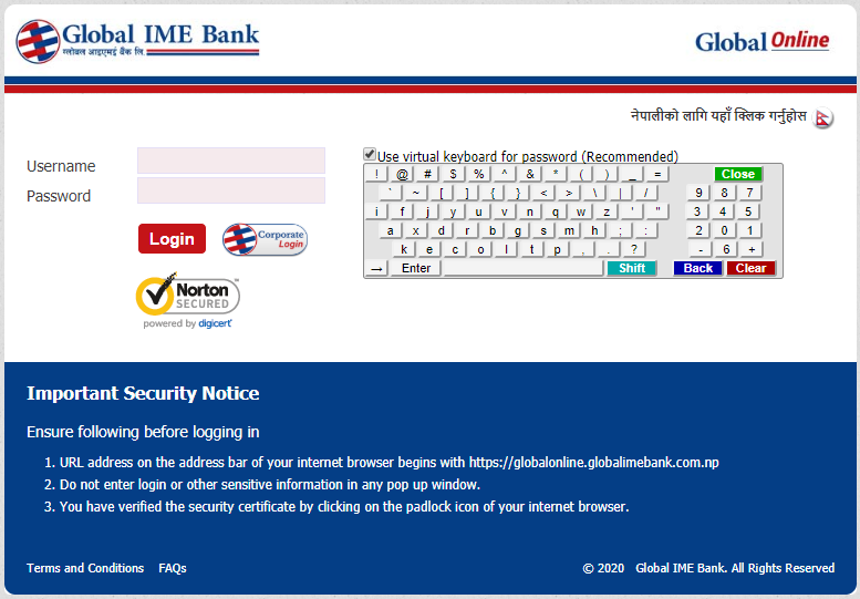 Global IME Bank Internet Banking Login Portal